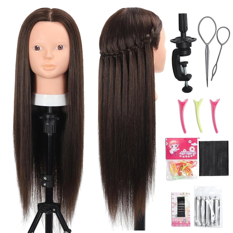 Opini 26 Inch Mannequin Head 80% Real Human Hair Styling Mannequin Doll Head Human Hair for Hairdresser Practice Hair and Makeup With Free Clamp (#4 No Makeup) - Image 1